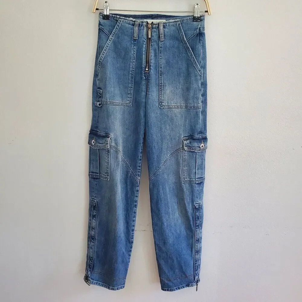 Jonathan Simkhai Payton Denim Cargo Jeans Mid Rise Straight Leg Zipper‎ Hem